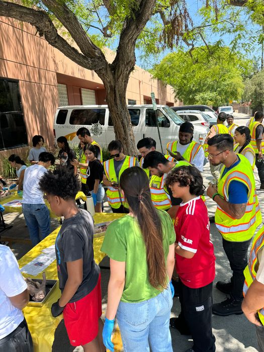 A crowd of students and volunteers gathered around dissection tables outdoors